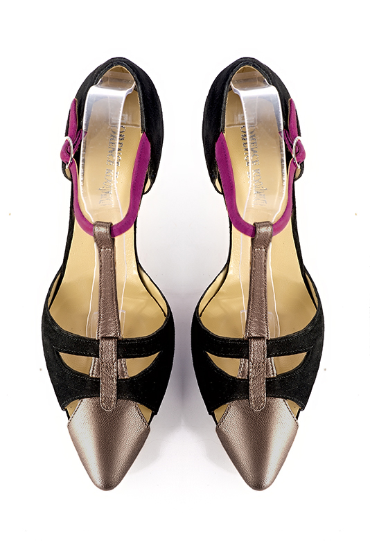 Bronze gold, matt black and mulberry purple women's T-strap open side shoes. Tapered toe. Medium comma heels. Top view - Florence KOOIJMAN